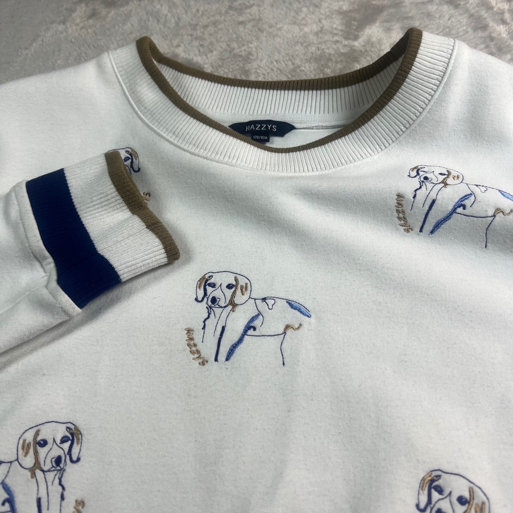 Hazzys Women 170/92A Sweatshirt White Embroidered Dog Beagle Striped Trim